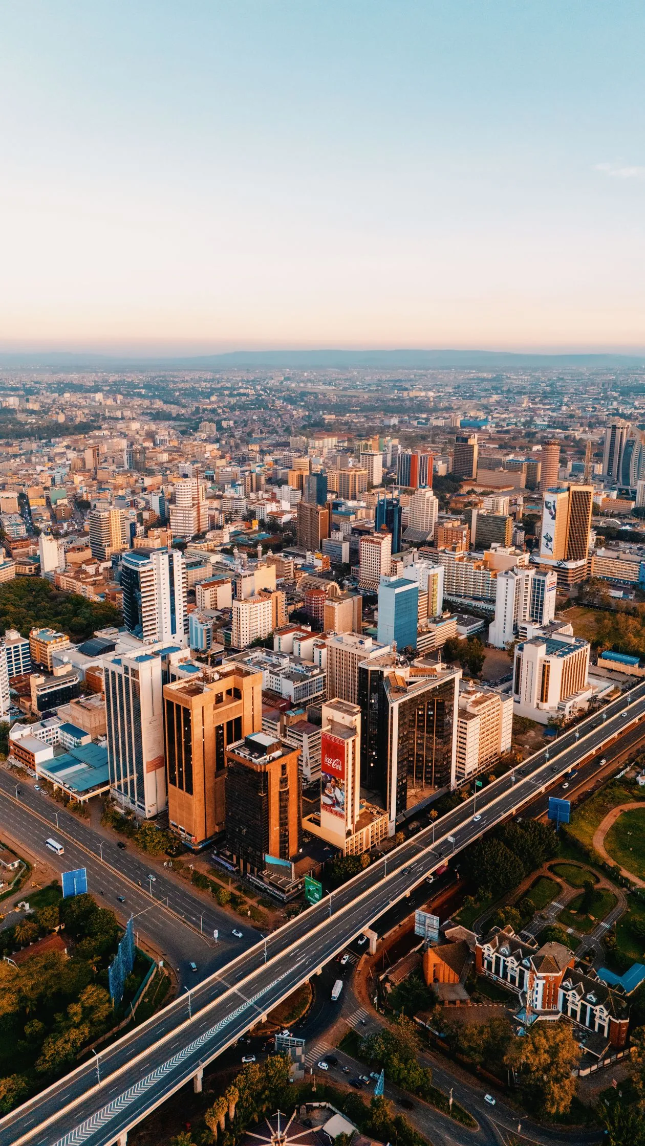Nairobi skyline and roads at sunset